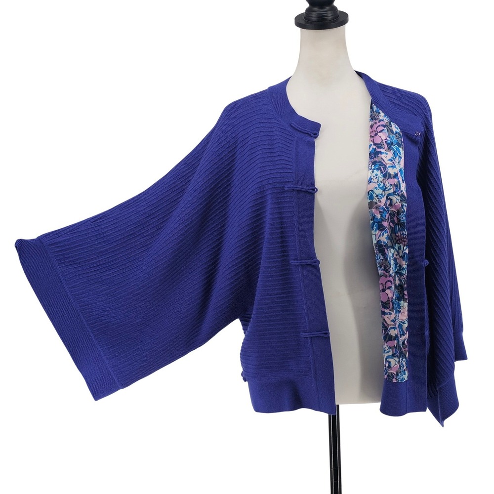 Shanghai Tang Wool Silk Kimono Cardigan M Purple Blue Ribbed Frog Toggle Luxury